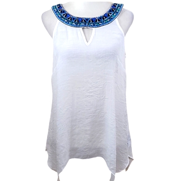 AGB Sleeveless Top White Beaded Embroidered Cutout Neck Flowy Asymmetrical Hem - Picture 1 of 11